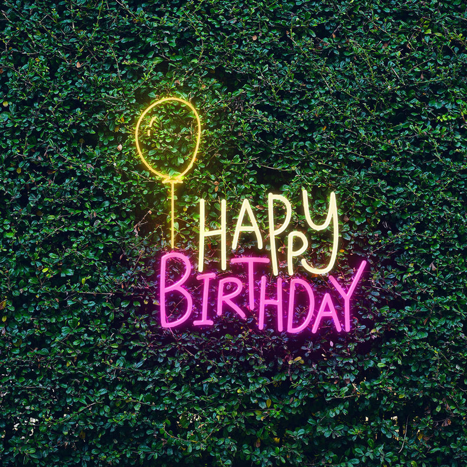 Neon Birthday Party Sign | Happy Birthday Balloon Neon Sign | Wow